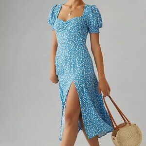 Ditsy Floral Sweetheart Puff Sleeve Split Thigh Blue Dress XS